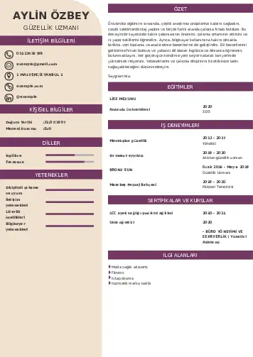 Güzellik Uzmanı Cv Örnekleri  cv indir
